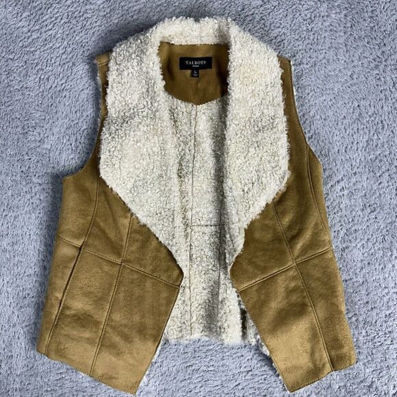 Talbots Women's Western Boho Faux Suede Sherpa Open Front Vest SP Brown Cream - Picture 1 of 14
